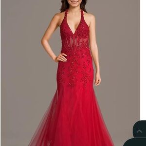 Red Halter Tulle Prom Gown with Floral Appliqué